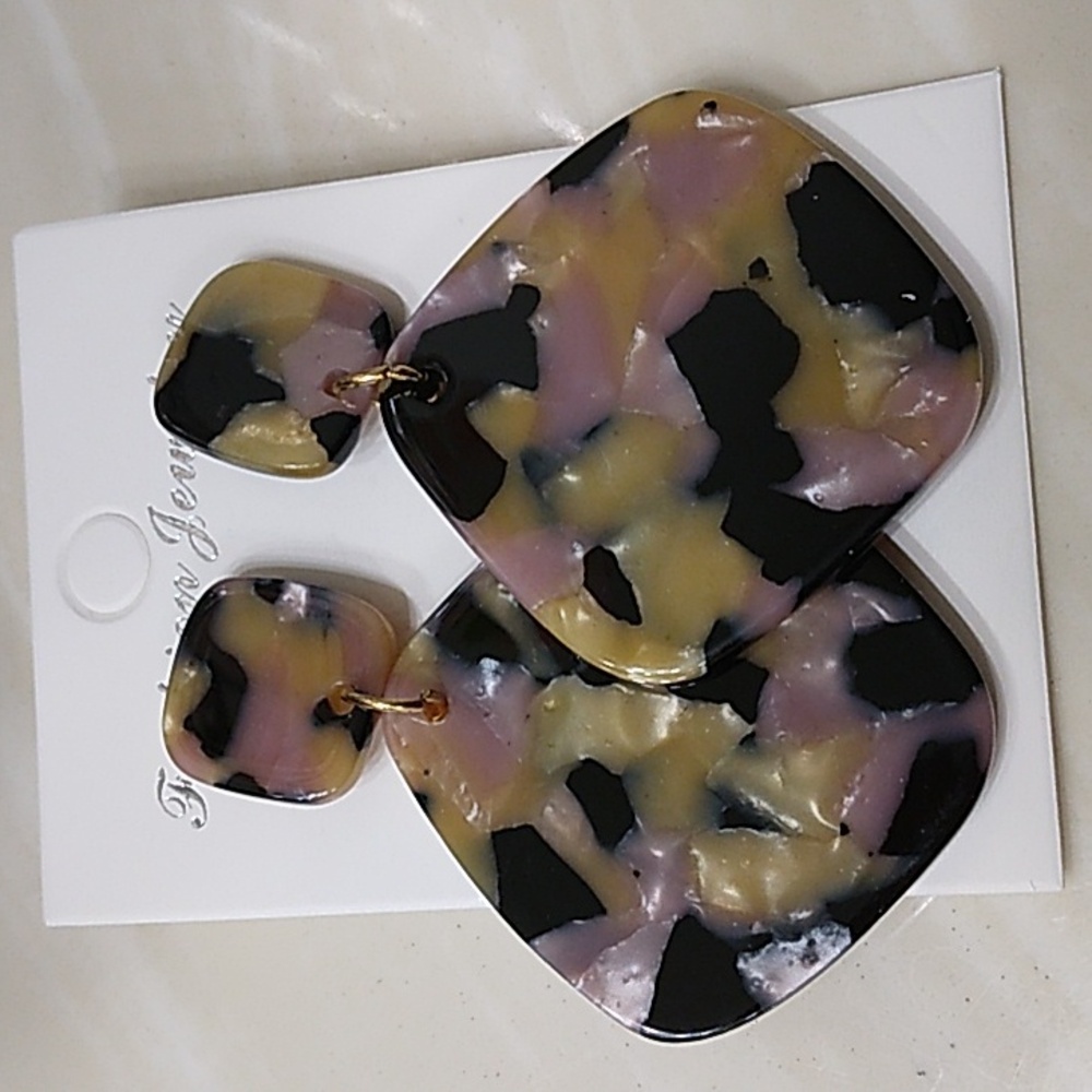 Marbled Tan Pink and Black Acrylic Square Dangle Earrings
